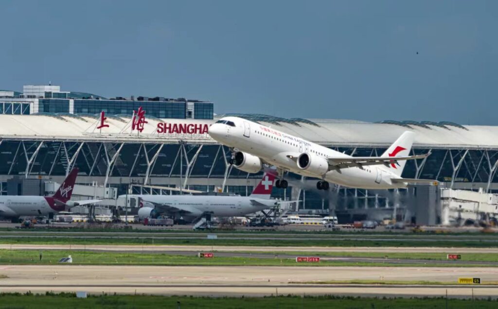 A China Eastern Airlines COMAC C919 takes off from Shanghai.