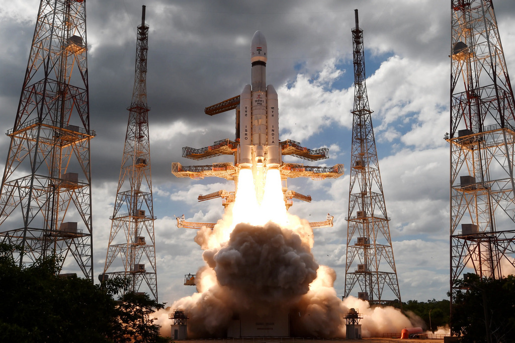 Chandrayaan-3 lifts off from the launch pad.